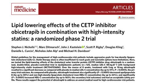 Lipid lowering effects of the CETP inhibitor obicetrapib in combination with high-intensity statins: a randomized phase 2 trial